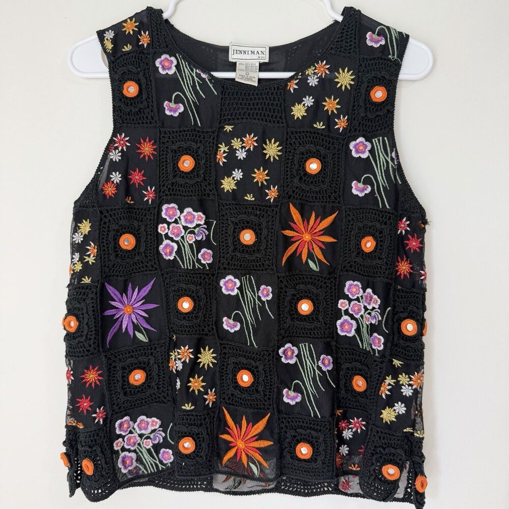 Jenni Max NYC Vintage Silk Blend Artsy Top Sleeveless Black Floral Women’s L
